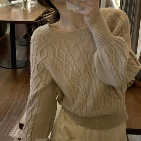 Sonicelife Square Collar Ribbed Sweater Women Thicken Warm Office Jumpers Lantern Sleeve Knit Casual Sweater Women 2024 Fall Winter