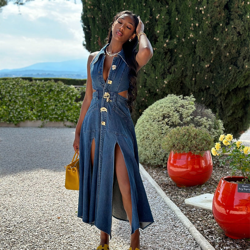 Sonicelife Hollow Out Denim Long Dress Women Slim Lapel Sleeveless Metal Buckle Multi Split Female Dresses 2024 Summer Lady Chic Streetwear