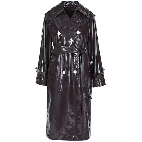 christmas outfit Sonicelife Spring Black Long Soft Thin Waterproof Flowy Shiny Reflective PVC Faux Leather Trench Coat for Women Y2K Streetwear