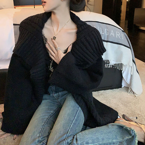 Sonicelife Lazy Wind Streetwear Cardigan Sweaters Women Retro Oversize Long Sleeve Casual Knitted Coat Harajuku Loose Fall Grey Tops