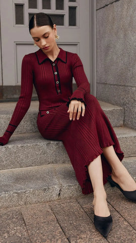 christmas outfit Sonicelife 2025 Fashion Burgundy Lapel Ruffles Knitted Midi Dress Women's Elegant Skinny Buttons Flare Sleeved Robe New Female Chic Vestido