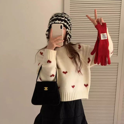 christmas outfit Sonicelife Love jacquard sweater for women in autumn and winter, loose, soft, lazy, high-end  short knitted sweater for little people