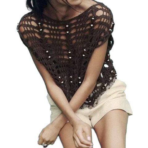 Sonicelife Women's Top with Beaded Hollow Crochet Fashionable and Sexy Casual Layering Versatile Short Sleeved Knitted T-shirt New