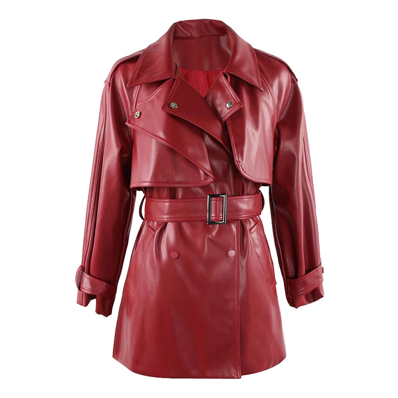 christmas outfit Sonicelife Spring Luxury Chic Soft Waterproof Wine Red Pu Leather Trench Coat for Women Belt Double Breasted Fall Clothes 2025