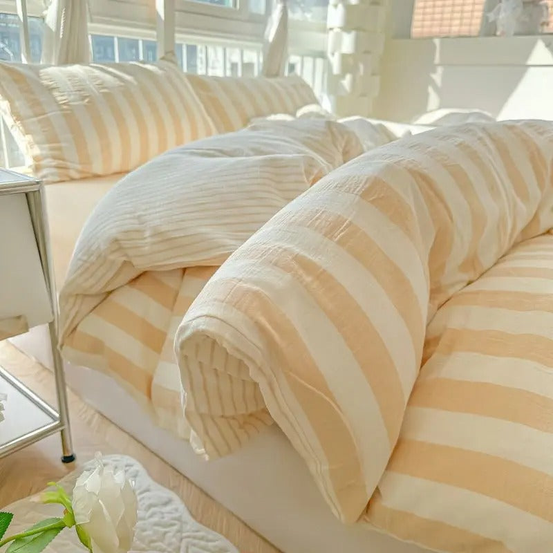 Sonicelife Ins Korean Style Duvet Cover Set Quilt Set Striped Bed Sheet Set For Girls Bedding Set For Bedroom
