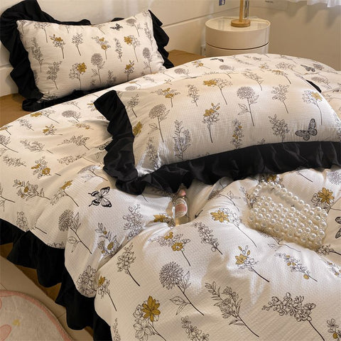 Sonicelife Ins French Style Girls Heart Lace Bedding Set Bubble Wash Cotton Quilt Cover With Pillowcases Bed Sheet Set 4pcs