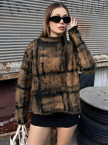 Sonicelife Mohair Plaid Sweater Skirt Set Women High Collar Loose Pullover Midi Skirt Suits Female 2 Pieces 2025 Winter Fashion Chic Outfit