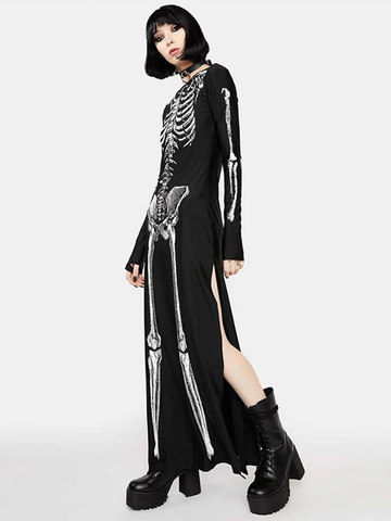 Sonicelife Halloween Dark Gothic Dress Women Streetwear Punk Y2k Skull Printed Long Sleeve O-neck Split Midi Dress Cosplay Clubwear