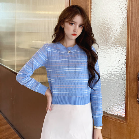 Black Friday Sonicelife O-Neck Striped Sweater Women Knitted Long Sleeve Sweet Cropped Slim Thin Jumpers Spring Fall Fashion Casual Chic Basic Tops