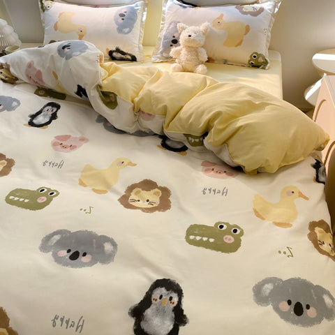 Sonicelife Kawaii Bear Bedding Set No Filler Ins Single Queen Size Duvet Cover Flat Sheet Pillowcase Kids Adult Boys Home Hotel Bed Linens