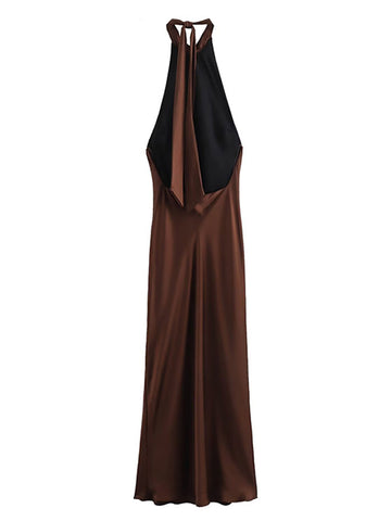 Sonicelife Elegant Satin Hang Neck Lace Up Dress Women Sexy Sleeveless Backless Female Maxi Dresses 2024 Spring Summer Lady Party Robe New