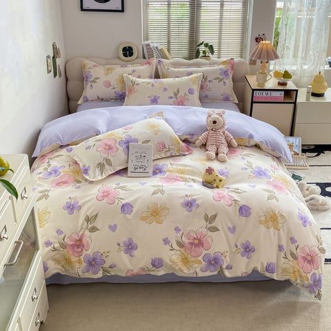 Sonicelife Floral Printed Duvet Cover Fresh Tulip Flower Comforter Cover and Sheet Pillowcase Skin-friendly Girl Home Bedding Set NO Filler