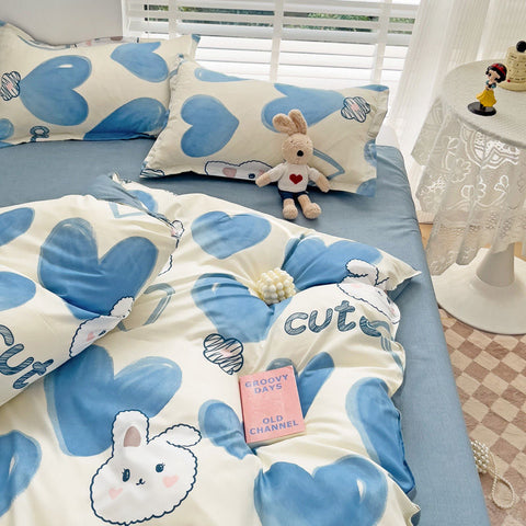 Sonicelife Cute Rabbit Bedding Set No Filling Pink Blue Boys Girls Favorite Single Double Duvet Cover Flat Sheet Pillowcase Kit New 2024