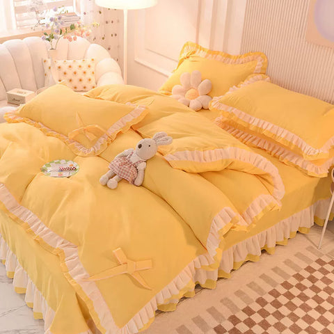 Sonicelife Green Bedding Sets Kawaii Seersucker Bed Sheet Pillowcase Fashion Girl Princess Duvet Cover 4 Pieces Cute Home Decoration