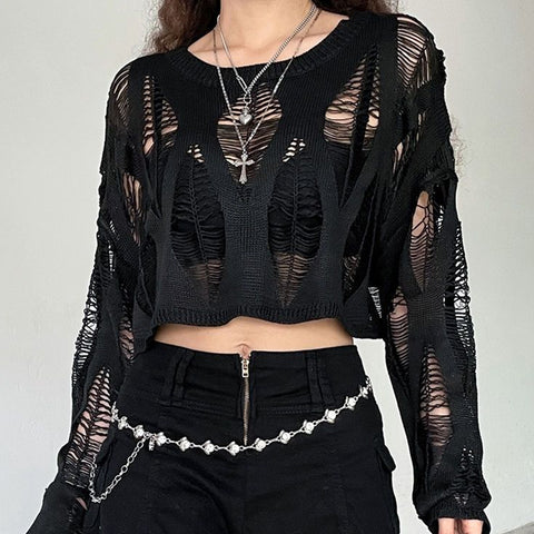 Sonicelife Perforated Hole Hollow Out Y2K T-shirts Batwing Sleeve Knitted Blouse Vintage Thin American Style Girlish Loose Streetwear Top