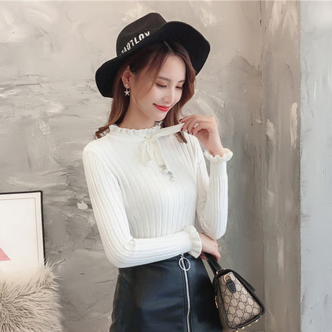 Sonicelife Women Ruffles Sweet Sweaters Korean Fashion Lace Up Slim Knitted Pullovers Autumn Long Sleeve Simple Solid Elegant Jumpers