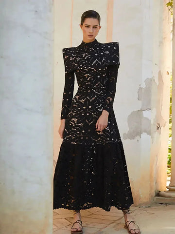 Sonicelife Elegant Hollowed Lace Maxi White Dress Women Fashion Mock Neck Long Sleeved Shoulder Padded Robes 2025 Evening Women's Clothing