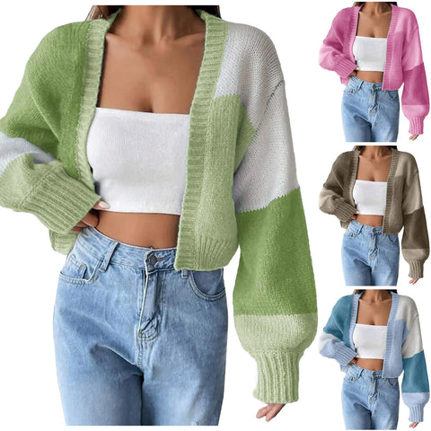 christmas outfit Sonicelife Women's Short Sweater Coat Long Sleeve Front Open Color Block Checkered Cardigan Jacket Casual Crochet Cardigan