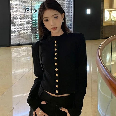 Sonicelife Black Sweet Women Crop Cardigan Korean Fashion Slim Long Sleeve Button Tops Autumn New Casual All Match Female White Blouse Top