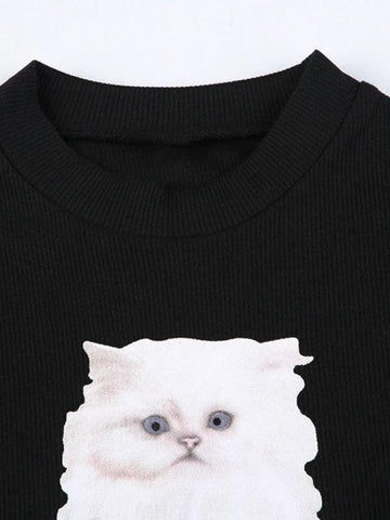Sonicelife-Kitty Print Plush Splice Cropped Long Sleeve Knit