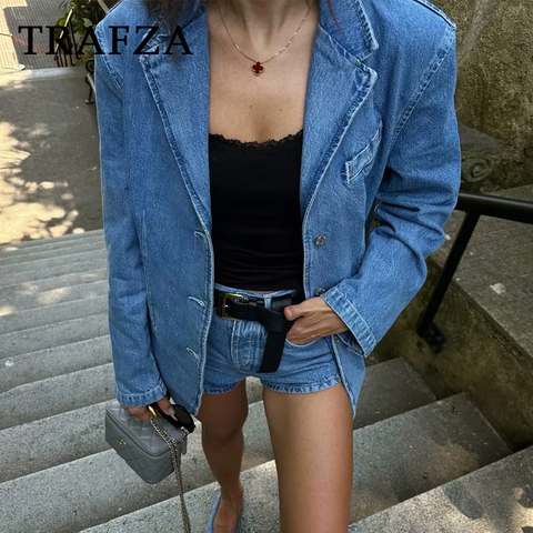 thanksgiving outfit Sonicelife 2024 Spring Summer Casual Women Denim Blazers Fashion Vintage Solid Shrug Loose Single Breasted Chic Ladies Blazers