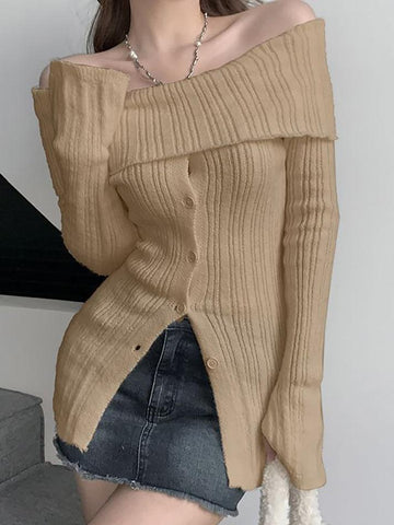 Sonicelife-Long Sleeve Off-Shoulder Ribbed-Knit Sweater