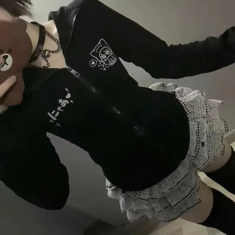 Sonicelife Japanese Y2k Aesthetic Cartoon Print Tshirts Women Turn Down Collar T-shirt Streetwear Slim Zipper  Bottoming Tee Shirts Femme