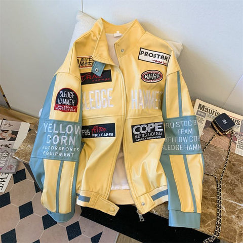 Sonicelife PU jacket embroidered patchwork label leather jacket hiphop cool motorcycle advanced craftsmanship baseball jacket men clothing