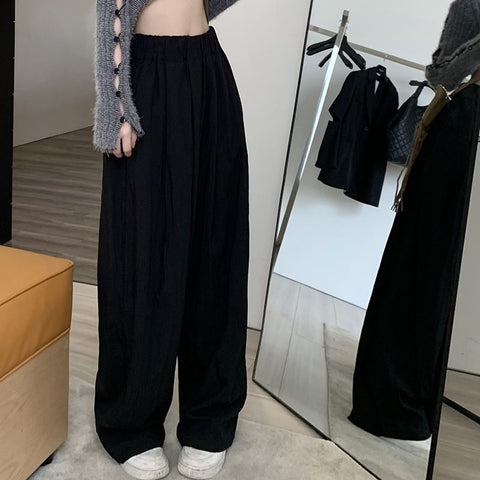 Sonicelife Y2K Casual Wide Leg Pants Women Summer Fashion Loose High Waist Straight Trousers Korean Streetwear Solid Ladies Pocket Pants