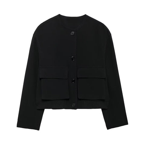 Sonicelife Elegant Knitted Black Cardigan Women Casual O-neck Single Breasted Long Sleeve Pockets Sweater 2024 Autumn Lady Commute Sweaters