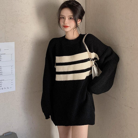 Sonicelife Striped Vintage Sweaters Women Lazy Wind Loose Long Sleeve Knitted Pullovers Korean Oversize Casual Streetwear Jumpers Fall
