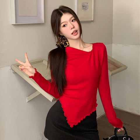 Sonicelife Korean Long Sleeve T Shirt Women Autumn Winter Chic Irregular Knitted Slim Tops Fashion Casual All Match Red Bottoming Shirt New