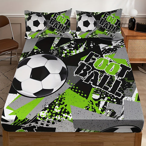 Sonicelife 3pcs Sports Football Fitted Sheet Set (1 Fitted Sheet + 2 Pillowcase, Without Pillowcase) Soft Comfortable Bedding Mattress