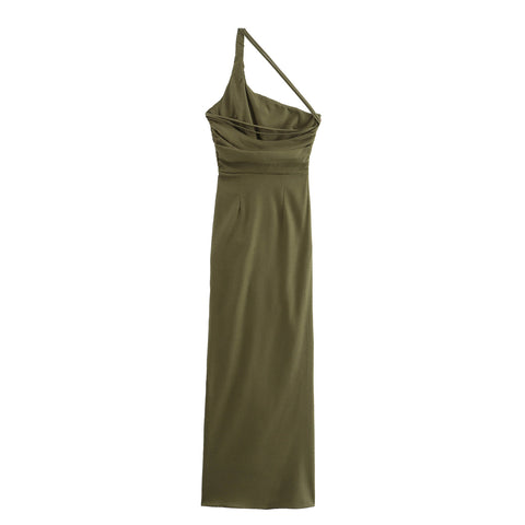 Sonicelife Women's Irregular Camisole Dress Linen Blend Pleated Decoration Front Slit Commuting Style New