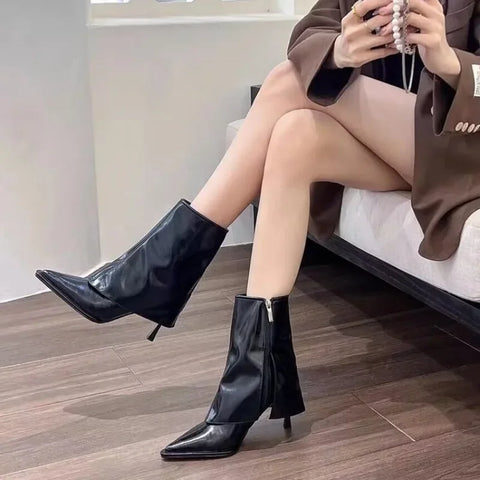 Sonicelife Ankle Boots Women Black Beige Brown Microfiber Leather Women Short Boots Pointed Toe Stiletto High Heel Winter Ladies Boots