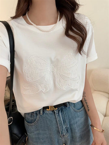Sonicelife Embroidery Bow Oversized Short Sleeve Tee
