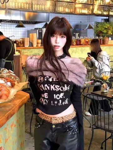 Sonicelife Gyaru Korean Fashion Clothing Autumn Winter Women Shoujo Y2k Coquette Blouse Slant Neck T-Shirt Long Sleeve Cropped Tops