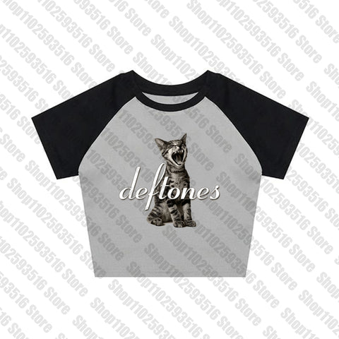 Sonicelife Aesthetic Short Sleeve T-Shirt Y2k Clothes Gothic Emo Girl Croped Tops Fun Kitten Print Vintage Women Casual Baby Tee Streetwear