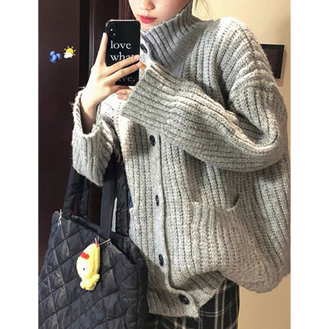 Black Friday Sonicelife Loose Lazy Sweater Women Twist Fashion Knit Autumn Winter Warm Cardigan Harajuku Stand Collar Gray Vintage Female Jumpers