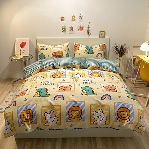 Sonicelife Kawaii Kids Bedding Set Soft Cotton Flat Fitted Sheet Duvet Cover Pillowcases Single Queen Cartoon Boy Girls Dormitory Bed Linen