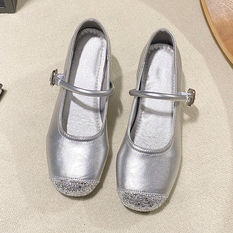 Sonicelife Bling Mixed Color Ballet Shoes Flat with Round Toe Buckle Strap Black Silvery Shallow Mary Jane Shoes Summer Elegant Dress Shoes