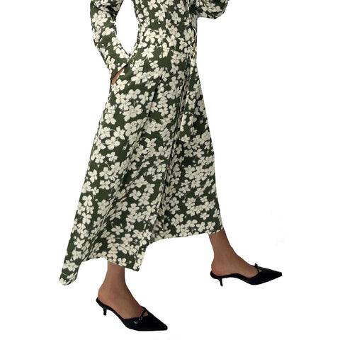 Sonicelife Women's Floral Printed Long Sleeve Dress, Long Skirt with Pleats, Slimming Waist Belt, Temperament, New, Shirt Style