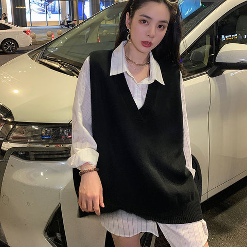 Sonicelife Streetwear Retro Sweater Vest Women Loose Korean V Neck Slit Harajuku Grey Knitted Vest Fall Vintage Casual All Match Tops