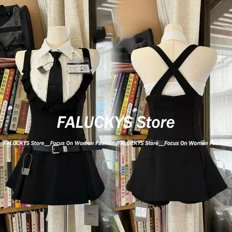 Sonicelife Preppy Style 2 Piece Dress Set Women Sweet Sleeveless Hot Crop Tops + Backless Mini Dress Korean Fashion Suit Summer 2025 New