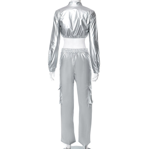 Sonicelife Y2K Women 2 Piece Shiny Silver PU Leather Zipper Cropped Jackets Straight Pants Sets Metal Color Leather Suits Two Piece Outfits