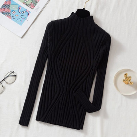 Black Friday Sonicelife Pit Stripe Knit Sweater Women Korean Fall Winter Fashion Slim Elegant Solid Half High Collar Long Sleeve Pullover Basic Chic Top