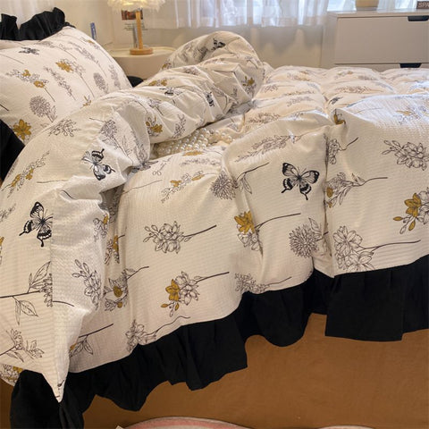 Sonicelife Ins French Style Girls Heart Lace Bedding Set Bubble Wash Cotton Quilt Cover With Pillowcases Bed Sheet Set 4pcs