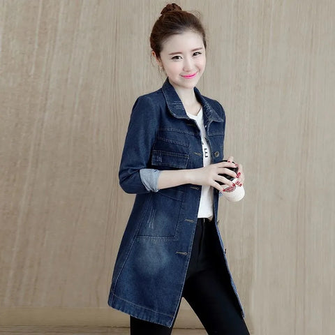 Sonicelife 2025 New Autumn Winter Korean Denim Jacket Women Slim Long Base Coat Women's Frayed Navy Blue Casual Female Jeans Jackets Coats