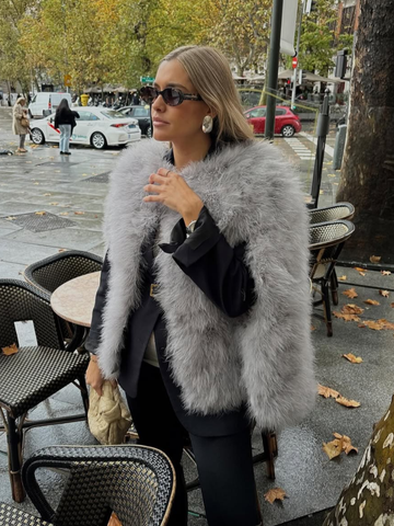 christmas outfit Sonicelife Elegant Fluffy Faux Fur Cape Coat For Women 2024 Fashion Round Collar Fake Sleeve Jacket Fall Winter Chic Ladies Warm Streetwear