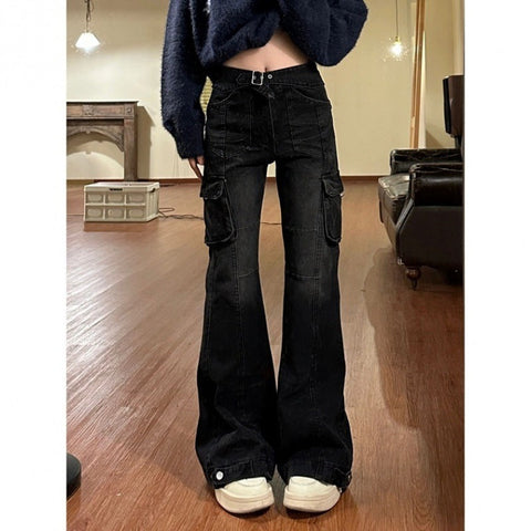 Sonicelife Vintage Wash High Waist Cargo Jeans